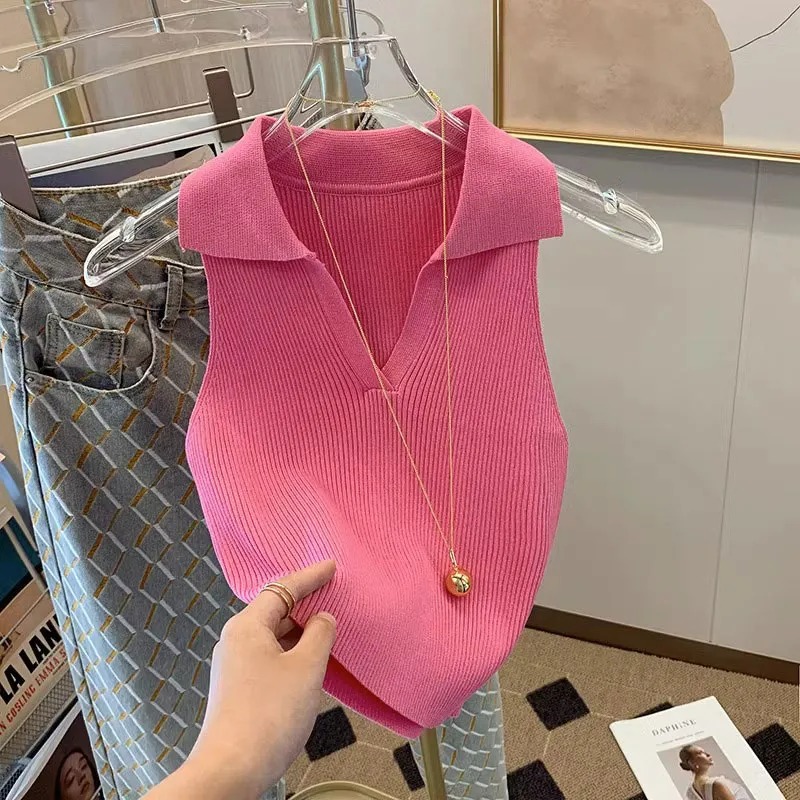 Tank Top Ribbed - Dames roze geribbelde gebreide tanktop polo